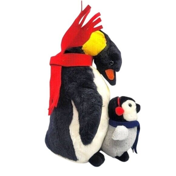 WishPets Penguin & Baby Plush 13" Scarf Earmuffs Winter Dapper #14019 Vintage - Picture 5 of 10